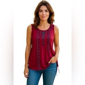 BURGUNDY RED KNOX ROSE EMBROIDERED SLEEVELESS TOP Size M